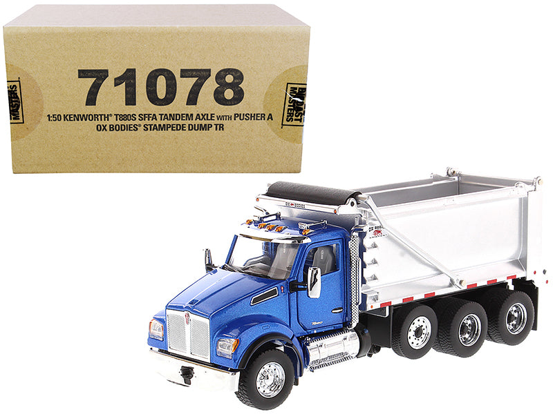 Kenworth T880S SFFA Tandem Axle with Pusher Axle OX Stampede Dump Truck Blue and Chrome "Transport Series" 1/50 Diecast Model by Diecast Masters free shipping USA