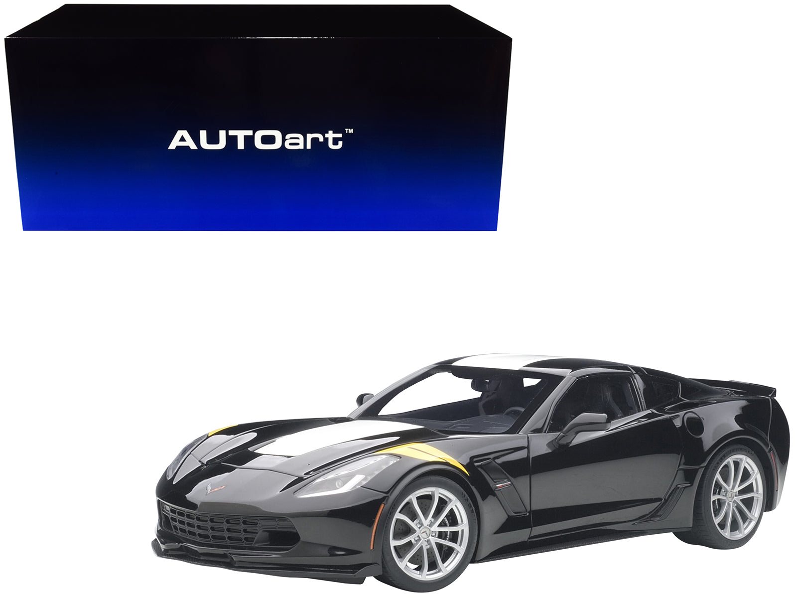 2017 Chevrolet Corvette C7 Grand Sport Black with White Stripe and Yellow Fender Hash Marks 1/18 Model Car by Autoart free shipping USA