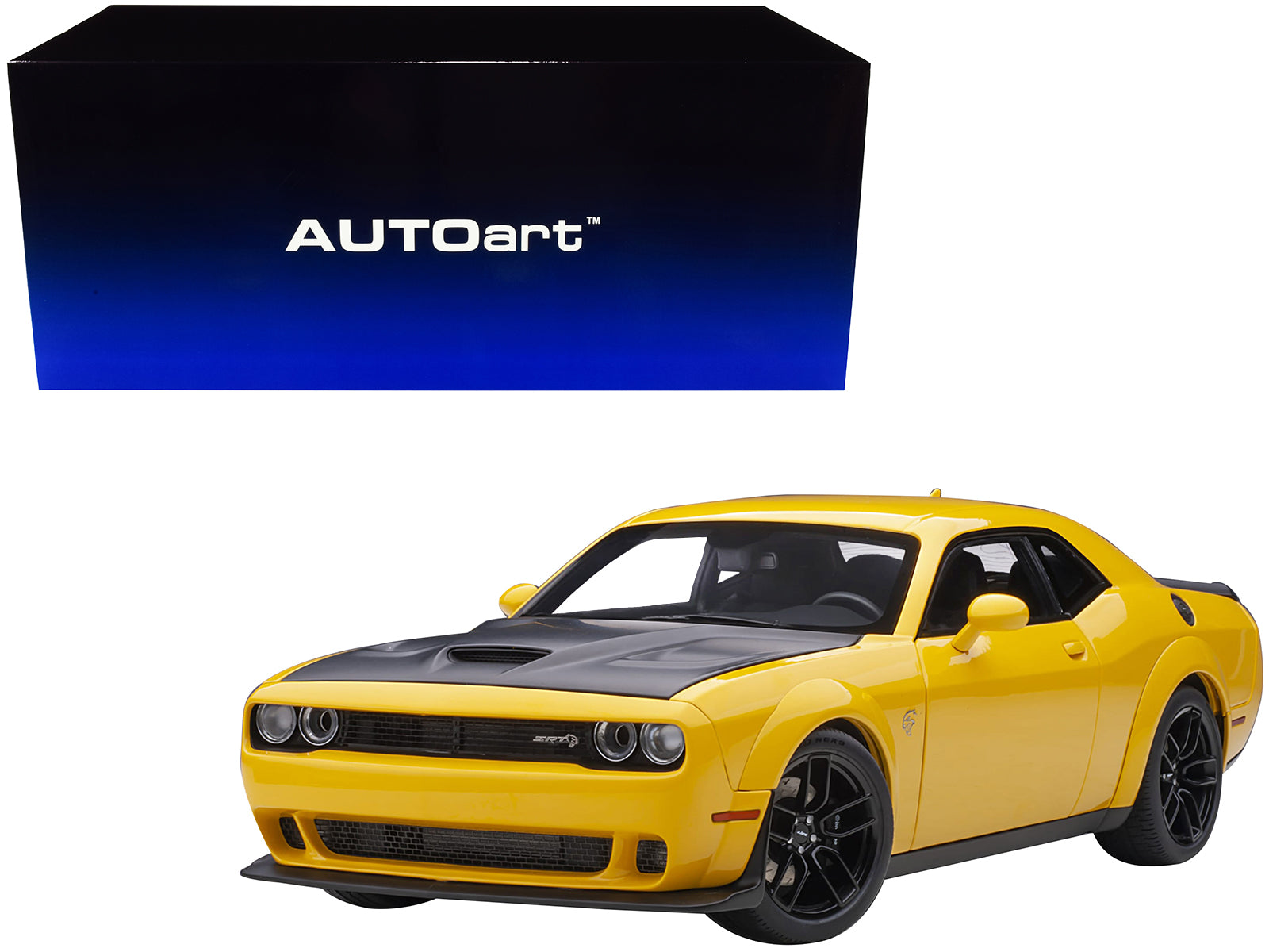 Dodge Challenger SRT Hellcat Widebody Yellow Jacket with Satin Black Hood 1/18 Model Car by Autoart free shipping USA