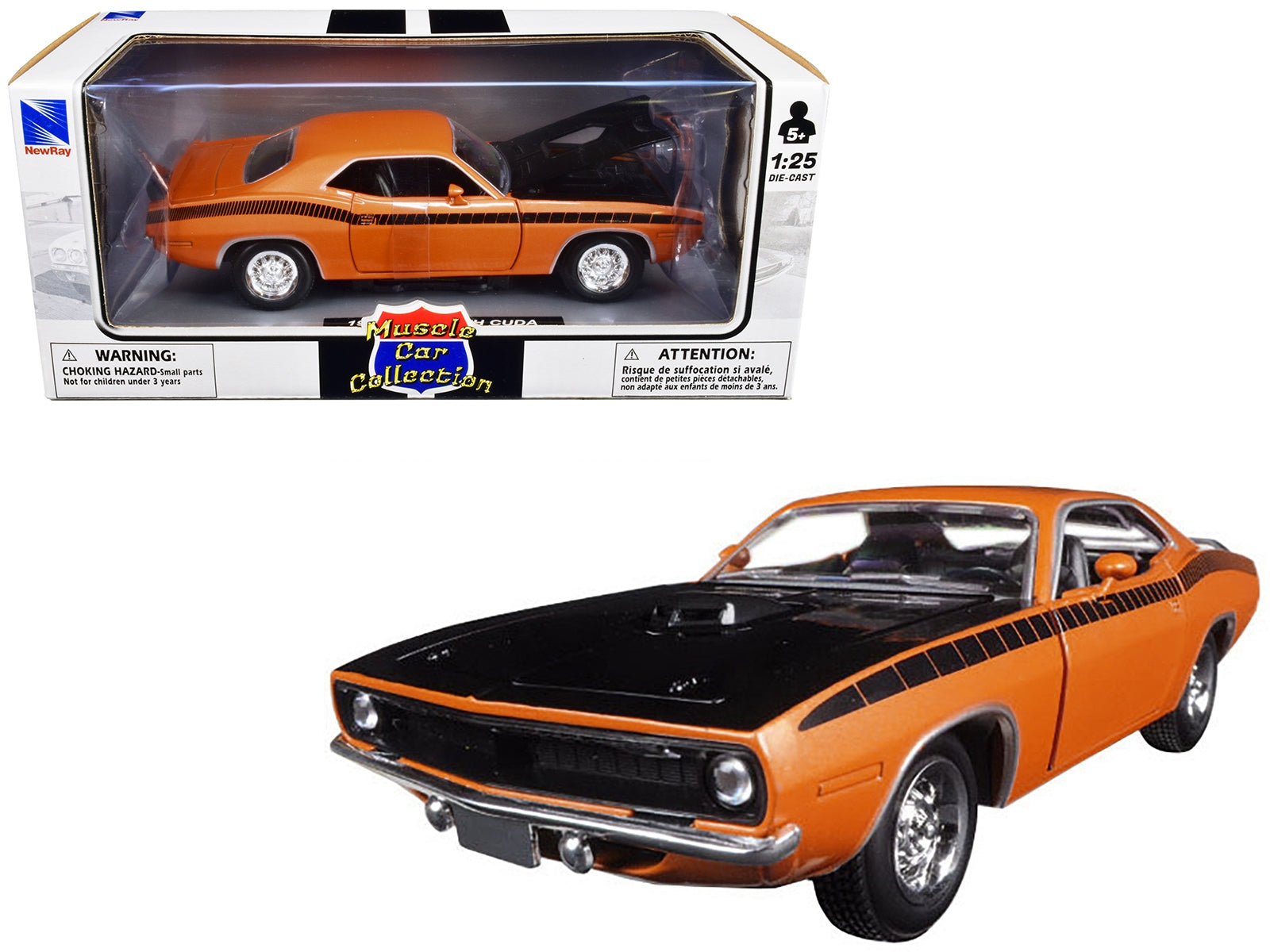 1970 Plymouth Cuda Orange with Black Hood and Stripes 1/25 Diecast Model Car by New Ray - Premium Plymouth Models from New Ray - Just $54.76! Shop now at Rapidvehicles