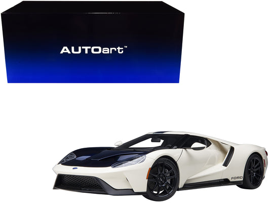 Ford GT Heritage Edition Prototype Wimbledon White with Antimatter Blue Hood and Stripe 1/18 Model Car by Autoart free shipping USA