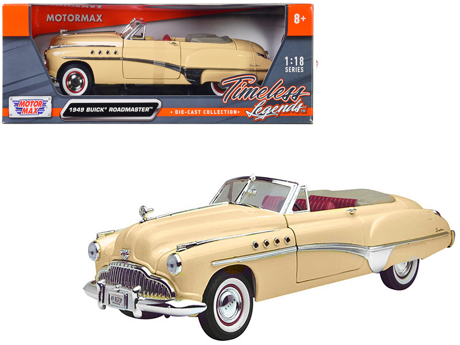 1949 Buick Roadmaster Cream with Red Interior 1/18 Diecast Model Car by Motormax free shipping USA