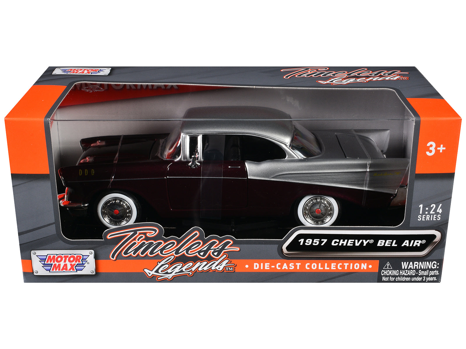 1957 Chevrolet Bel Air Burgundy Metallic and Silver Metallic "Timeless Legends" Series 1/24 Diecast Model Car by Motormax free shipping USA