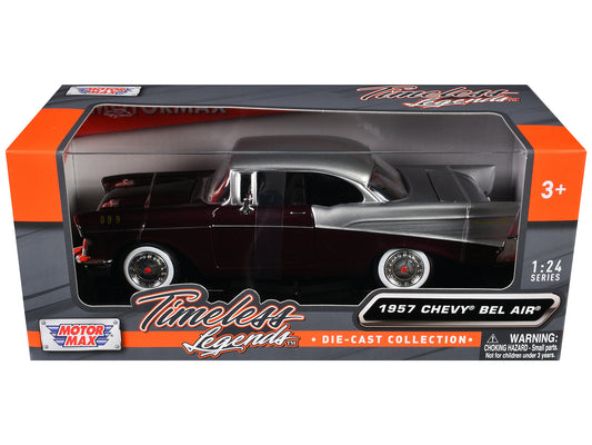 1957 Chevrolet Bel Air Burgundy Metallic and Silver Metallic "Timeless Legends" Series 1/24 Diecast Model Car by Motormax - Use code SHOPAPP15 to get 15 percent off