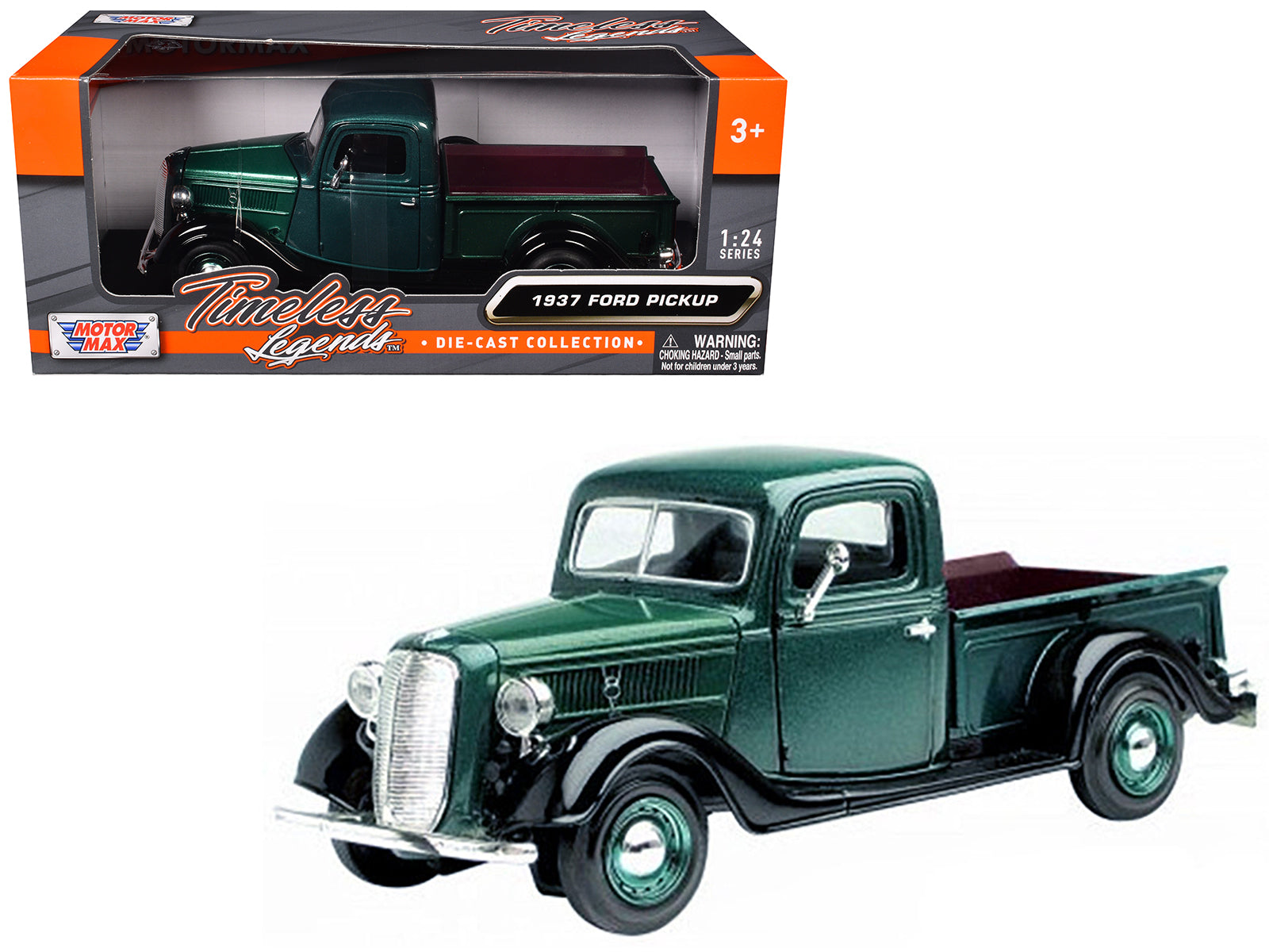 1937 Ford Pickup Truck Green and Black 1/24 Diecast Model Car by Motormax free shipping USA