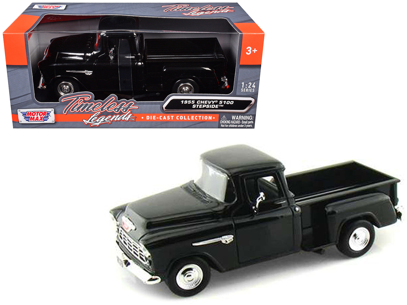 1955 Chevrolet 5100 Stepside Pickup Truck Black 1/24 Diecast Car Model by Motormax free shipping USA