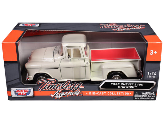 1955 Chevrolet 3100 Stepside Pickup Truck Cream with White Interior "Timeless Legends" Series 1/24 Diecast Model Car by Motormax free shipping USA
