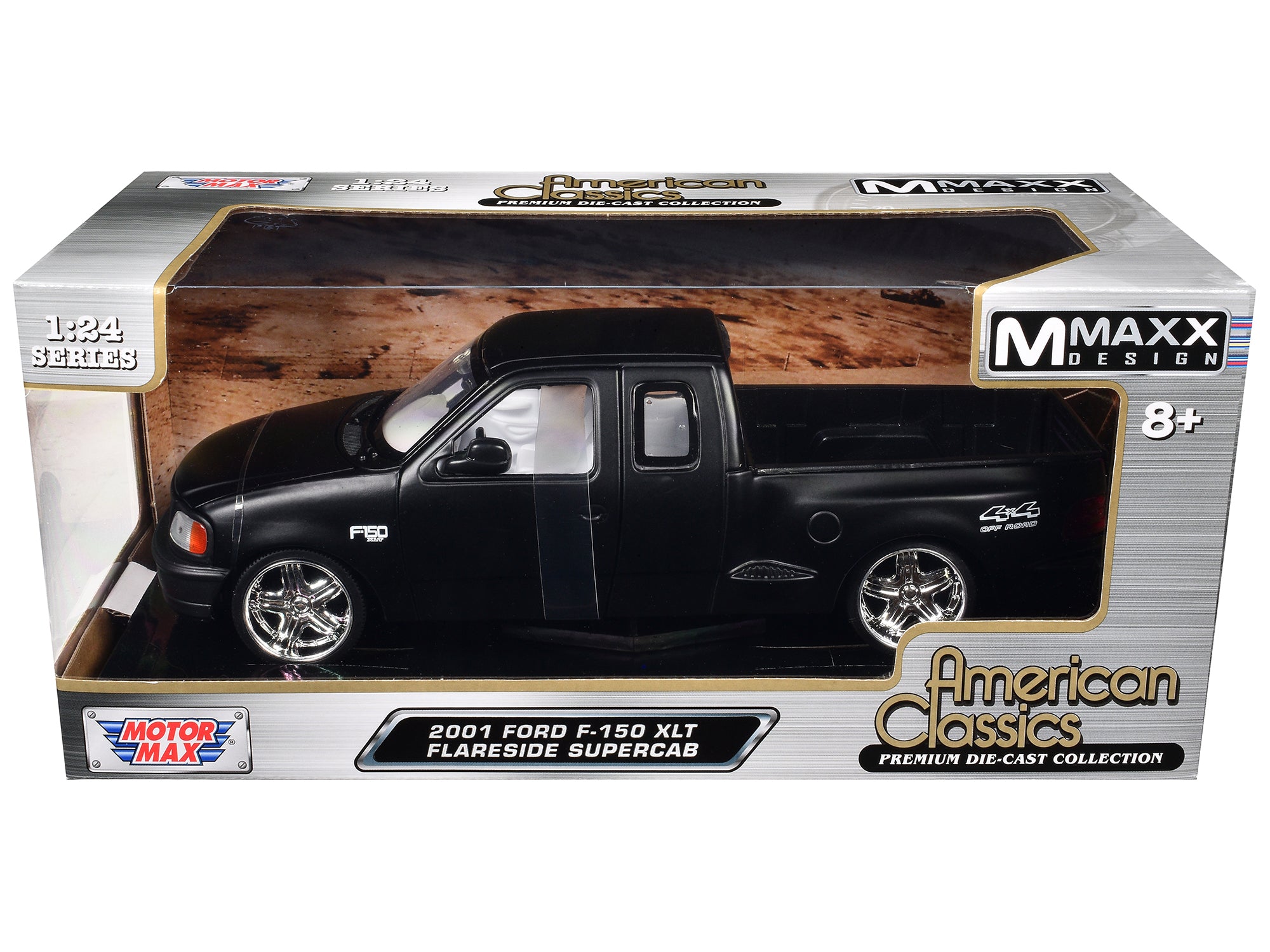 2001 Ford F-150 XLT Flareside Supercab Pickup Truck Matt Black with White Interior "Maxx Design" "American Classics" Series 1/24 Diecast Model Car by Motormax free shipping USA