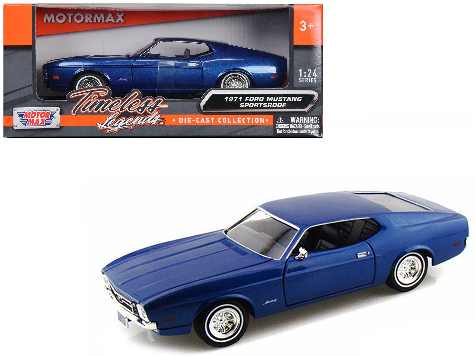 1971 Ford Mustang Sportsroof Blue 1/24 Diecast Model Car by Motormax free shipping USA