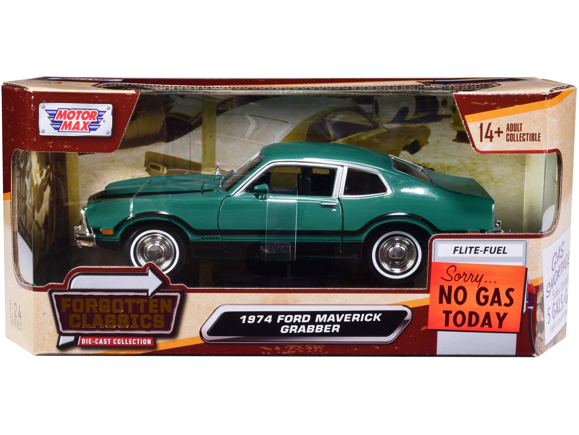 1974 Ford Maverick Grabber Green with Black Stripes "Forgotten - Premium Ford Models from Motormax - Just $59.39! Shop now at Rapidvehicles