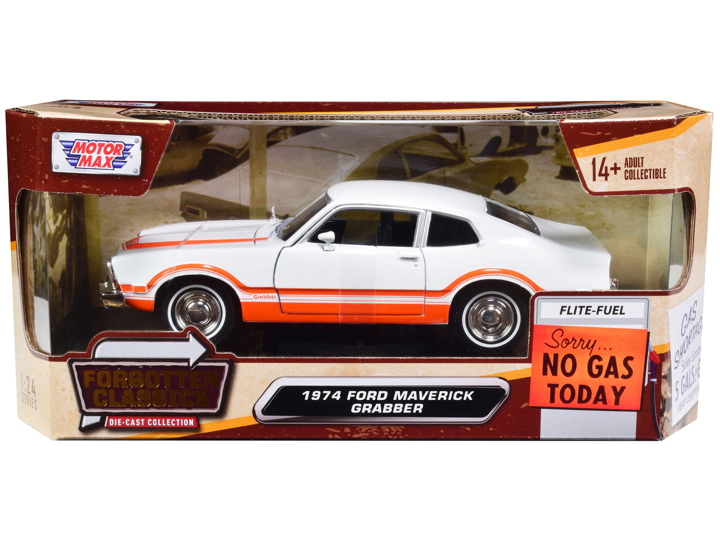 1974 Ford Maverick Grabber White with Orange Stripes "Forgotten - Premium Ford Models from Motormax - Just $59.39! Shop now at Rapidvehicles