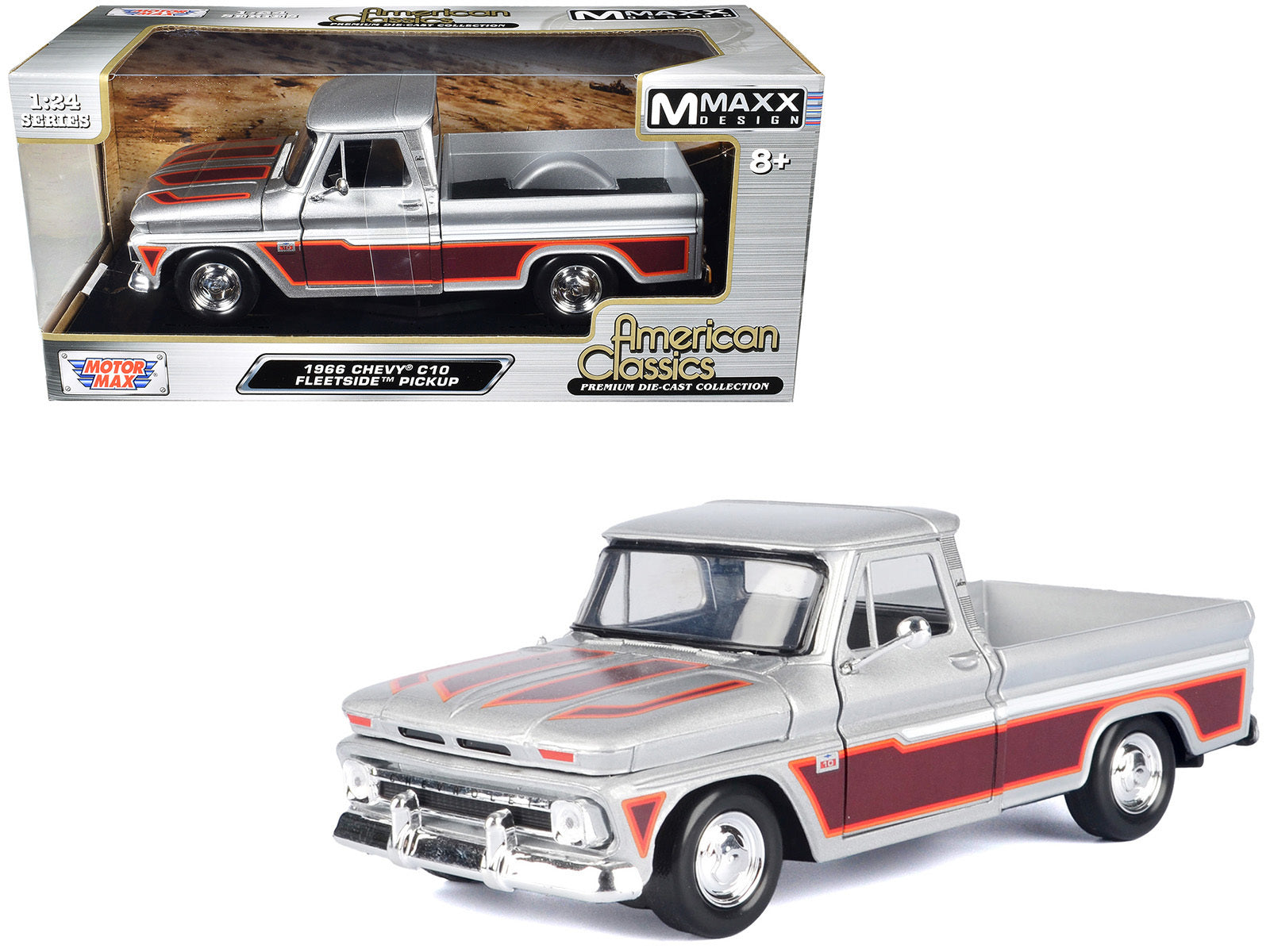 1966 Chevrolet C10 Fleetside Pickup Truck Silver Metallic with Brown Sides "American Classics" Series 1/24 Diecast Model Car by Motormax - Premium Chevrolet Models from Motormax - Just $55.56! Shop now at Rapidvehicles