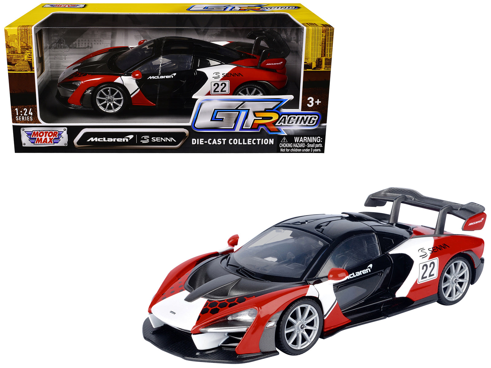 McLaren Senna #22 Black with Red and White Graphics "GT Racing" Series 1/24 Diecast Model Car by Motormax free shipping USA