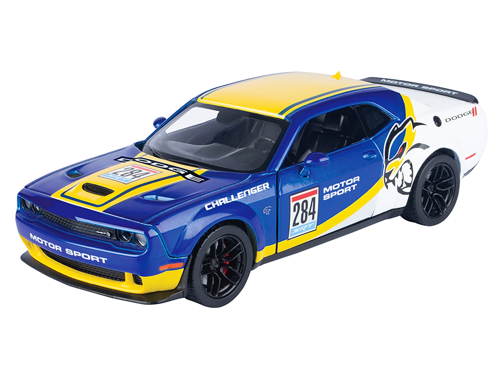 2018 Dodge Challenger SRT Hellcat Widebody #284 Blue Metallic and White with Yellow Graphics "GT Racing" Series 1/24 Diecast Model Car by Motormax - Premium Dodge Models from Motormax - Just $38.99! Shop now at Rapidvehicles