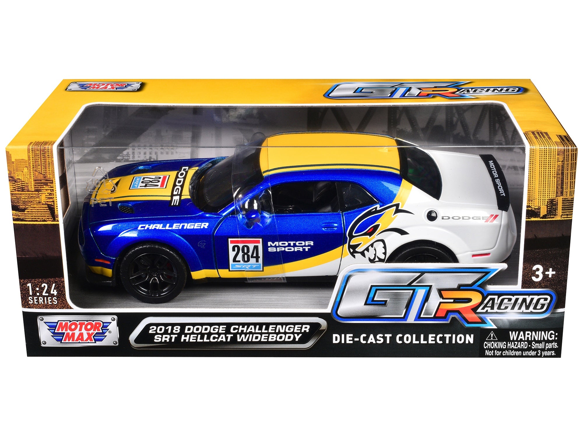 2018 Dodge Challenger SRT Hellcat Widebody #284 Blue Metallic and White with Yellow Graphics "GT Racing" Series 1/24 Diecast Model Car by Motormax - Premium Dodge Models from Motormax - Just $43.99! Shop now at Rapidvehicles