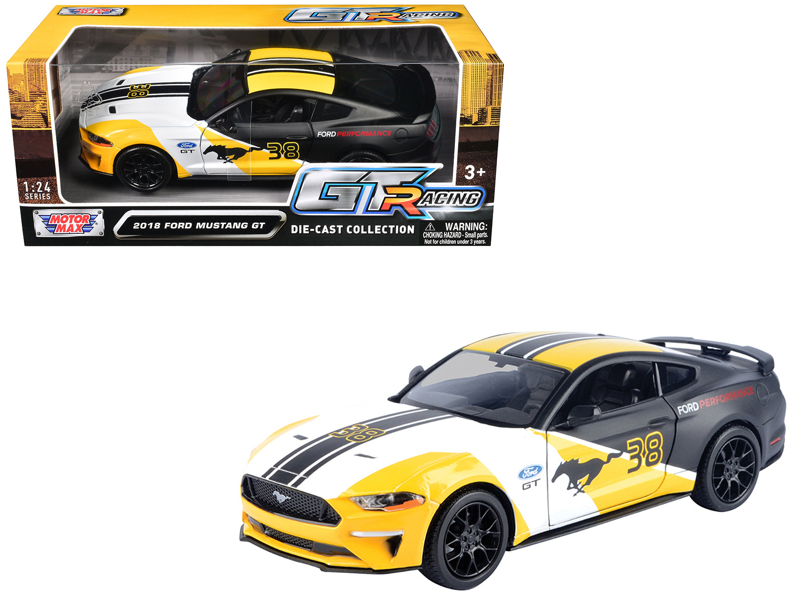 2018 Ford Mustang GT #38 White and Matt Black with Yellow Graphics "GT Racing" Series 1/24 Diecast Model Car by Motormax free shipping USA
