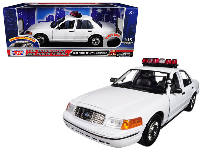 2001 Ford Crown Victoria Police Car Plain White with Flashing Light Bar and Front and Rear Lights and Sounds 1/18 Diecast Model Car by Motormax free shipping USA