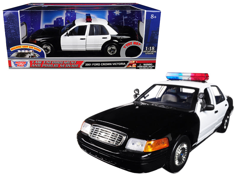 2001 Ford Crown Victoria Police Car Plain Black & White with Flashing Light Bar & Front and Rear Lights and Sound 1/18 Diecast Model Car by Motormax free shipping USA