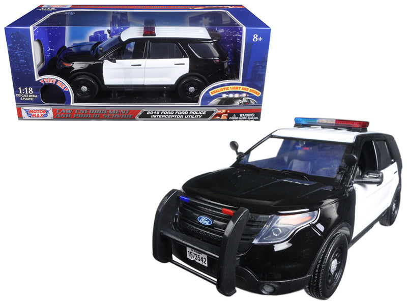 2015 Ford Police Interceptor Utility Black and White with Flashing Light Bar and Front and Rear Lights and 2 Sounds 1/18 Diecast Model Car by Motormax free shipping USA