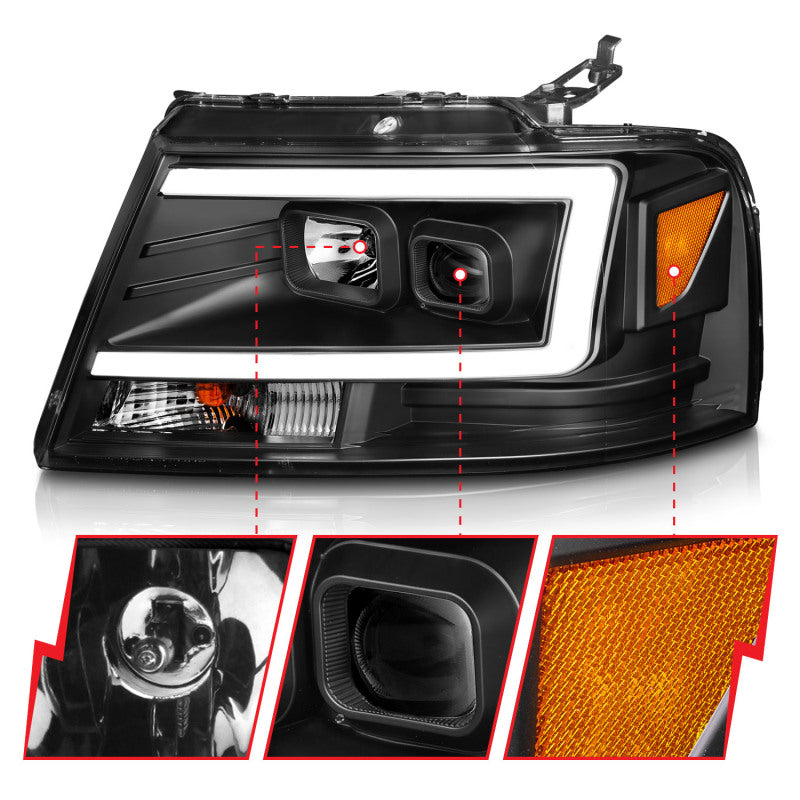 ANZO 2004-2008 Ford  F-150 Projector Headlights w/ Light Bar Black Housing 111541
