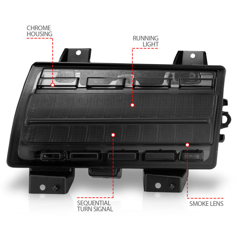 ANZO 2018-2021 Jeep Wrangler LED Side Markers Chrome Housing Smoke Lens w/ Seq. Signal Low Config 511087