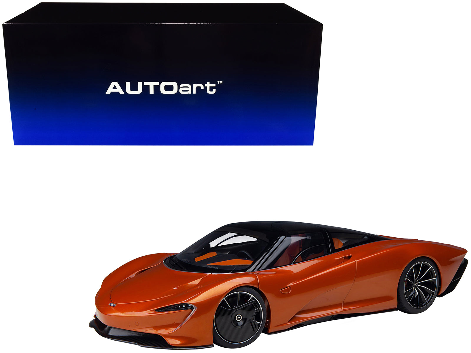 McLaren Speedtail Volcano Orange Metallic with Black Top and Suitcase Accessories 1/18 Model Car by Autoart free shipping USA
