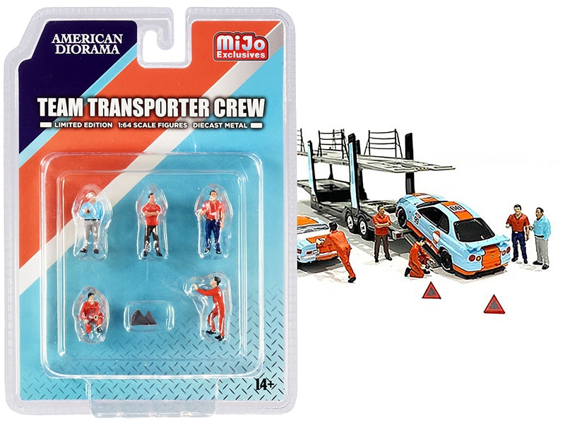 "Team Transporter Crew" Diecast Set of 6 pieces (5 Figurines and 2 Warning Triangles) for 1/64 Scale Models by American Diorama - Premium Figures from American Diorama - Just $27.99! Shop now at Rapidvehicles