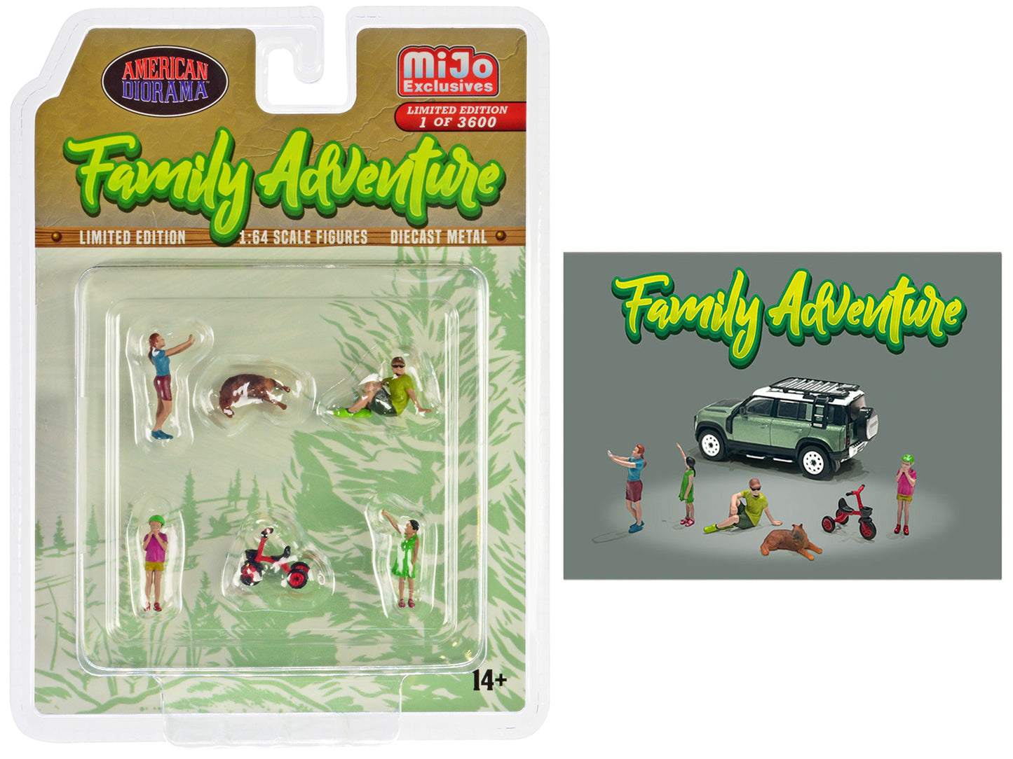 "Family Adventure" 6 piece Diecast Figure Set (4 Figures 1 Dog 1 Tricycle) Limited Edition to 3600 pieces Worldwide 1/64 Scale Models by American Diorama - Use code SHOPAPP15 to get 15 percent off
