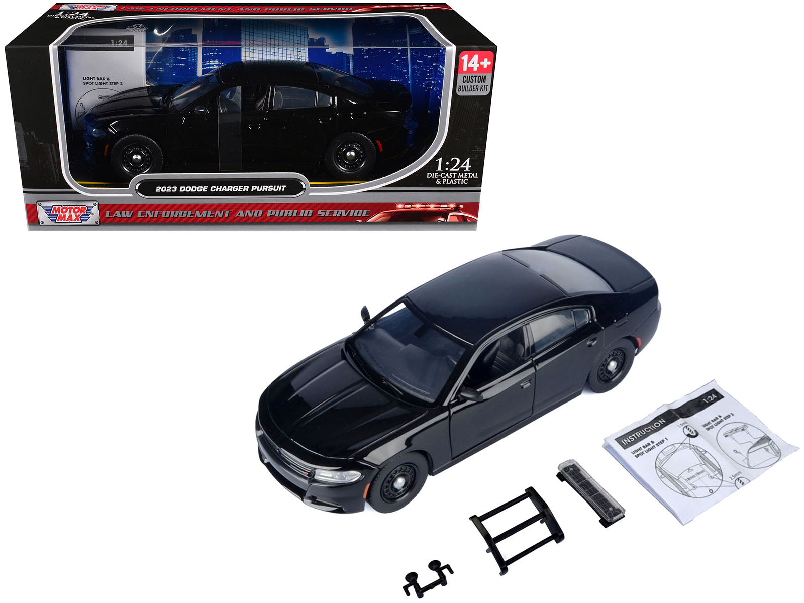 2023 Dodge Charger Pursuit Police Car Black "Custom Builder's Kit - Law Enforcement and Public Service" Series 1/24 Diecast Model Car by Motormax free shipping USA