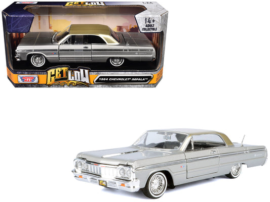 1964 Chevrolet Impala Lowrider Hard Top Silver Metallic with Gold Metallic Top "Get Low" Series 1/24 Diecast Model Car by Motormax free shipping USA