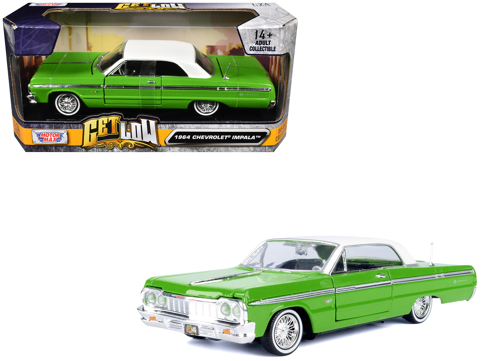 1964 Chevrolet Impala Lowrider Hard Top Green with White Top "Get Low" Series 1/24 Diecast Model Car by Motormax free shipping USA