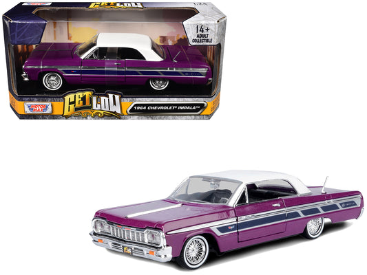 1964 Chevrolet Impala Lowrider Hard Top Purple Metallic with White Top "Get Low" Series 1/24 Diecast Model Car by Motormax free shipping USA