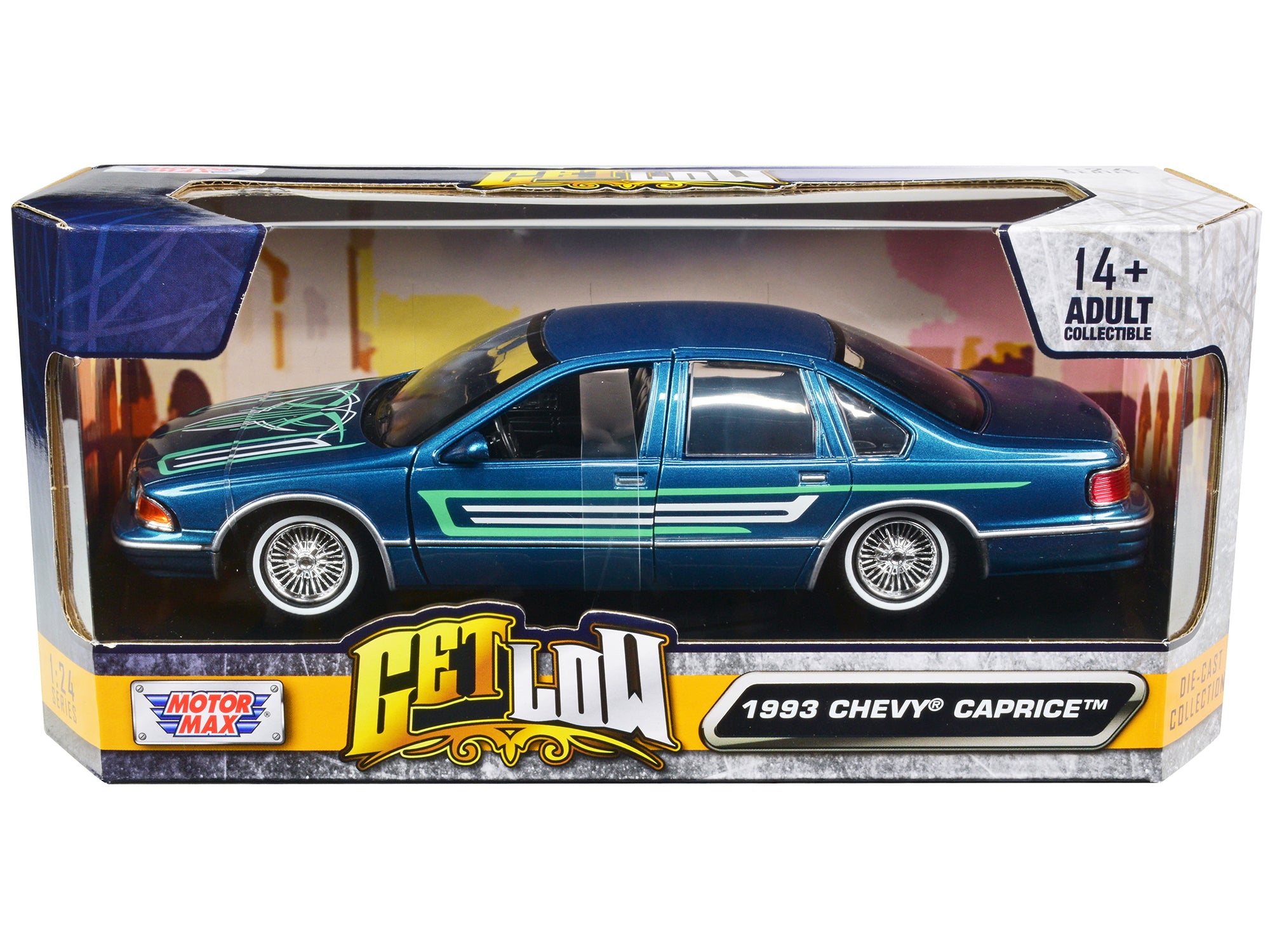 1993 Chevrolet Caprice Lowrider Blue Metallic with Graphics "Get Low" Series 1/24 Diecast Model Car by Motormax - Premium  from Motormax - Just $52.99! Shop now at Rapidvehicles