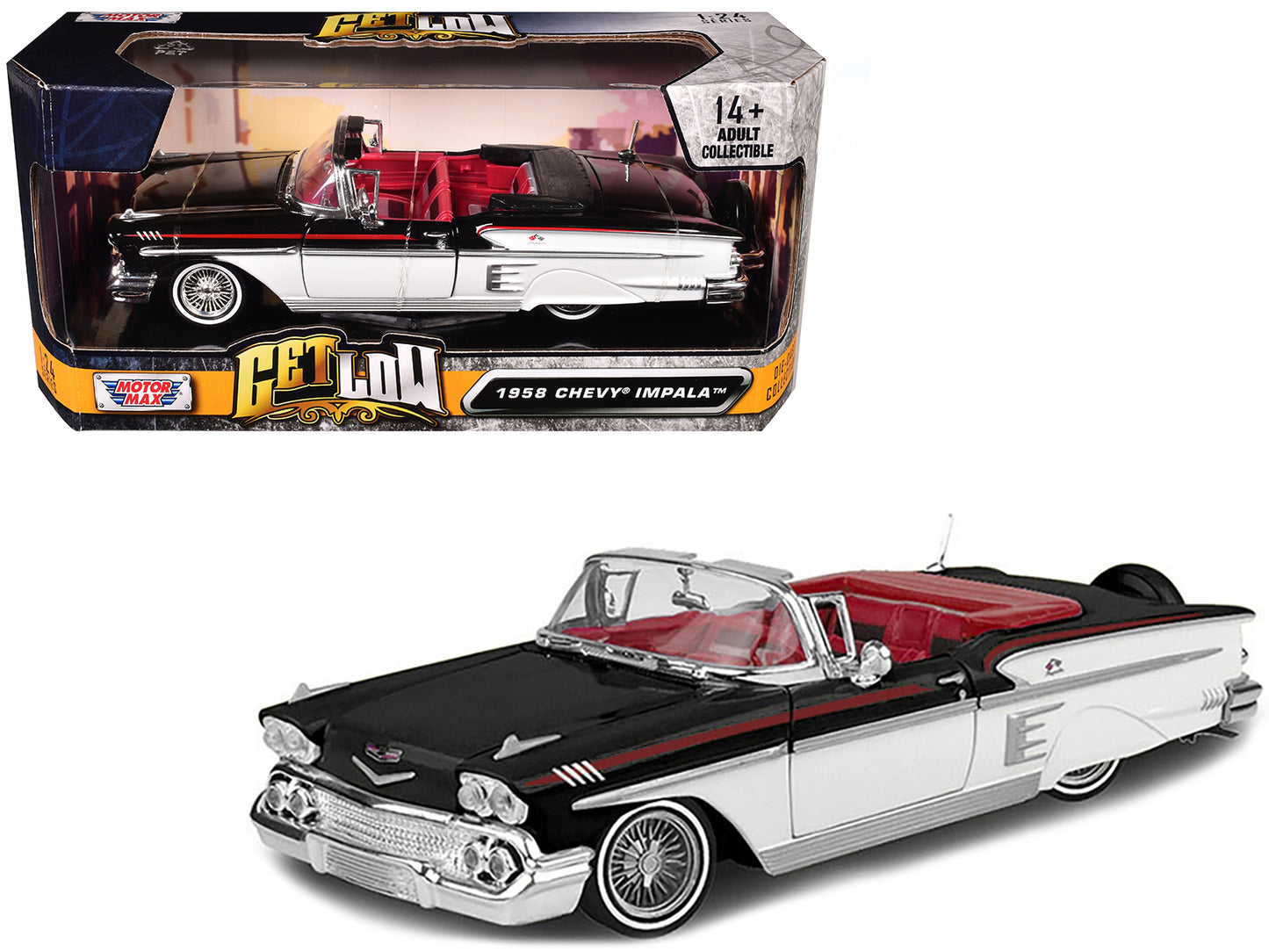 1958 Chevrolet Impala Convertible Lowrider Black and White with Red Interior "Get Low" Series 1/24 Diecast Model Car by Motormax