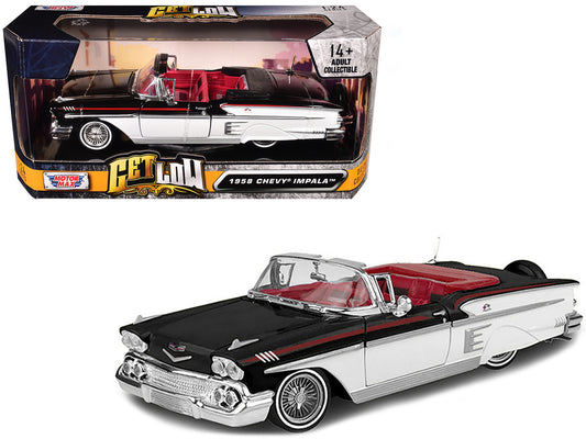 1958 Chevrolet Impala Convertible Lowrider Black and White with Red Interior "Get Low" Series 1/24 Diecast Model Car by Motormax free shipping USA