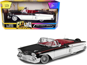 1958 Chevrolet Impala Convertible Lowrider Black and White with Red Interior "Get Low" Series 1/24 Diecast Model Car by Motormax - Premium Chevrolet Models from Motormax - Just $48.22! Shop now at Rapidvehicles