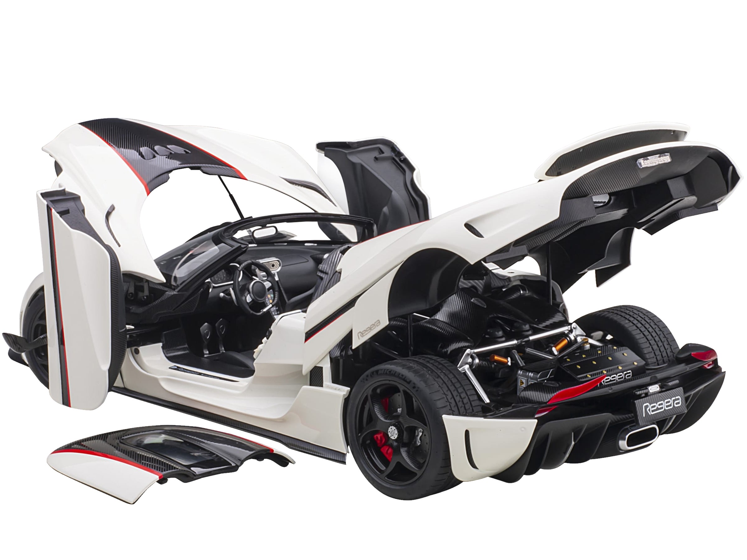 Koenigsegg Regera White with Black Carbon and Red Stripes 1/18  Model Car by Autoart - Premium Koenigsegg Models from Autoart - Just $367.99! Shop now at Rapidvehicles