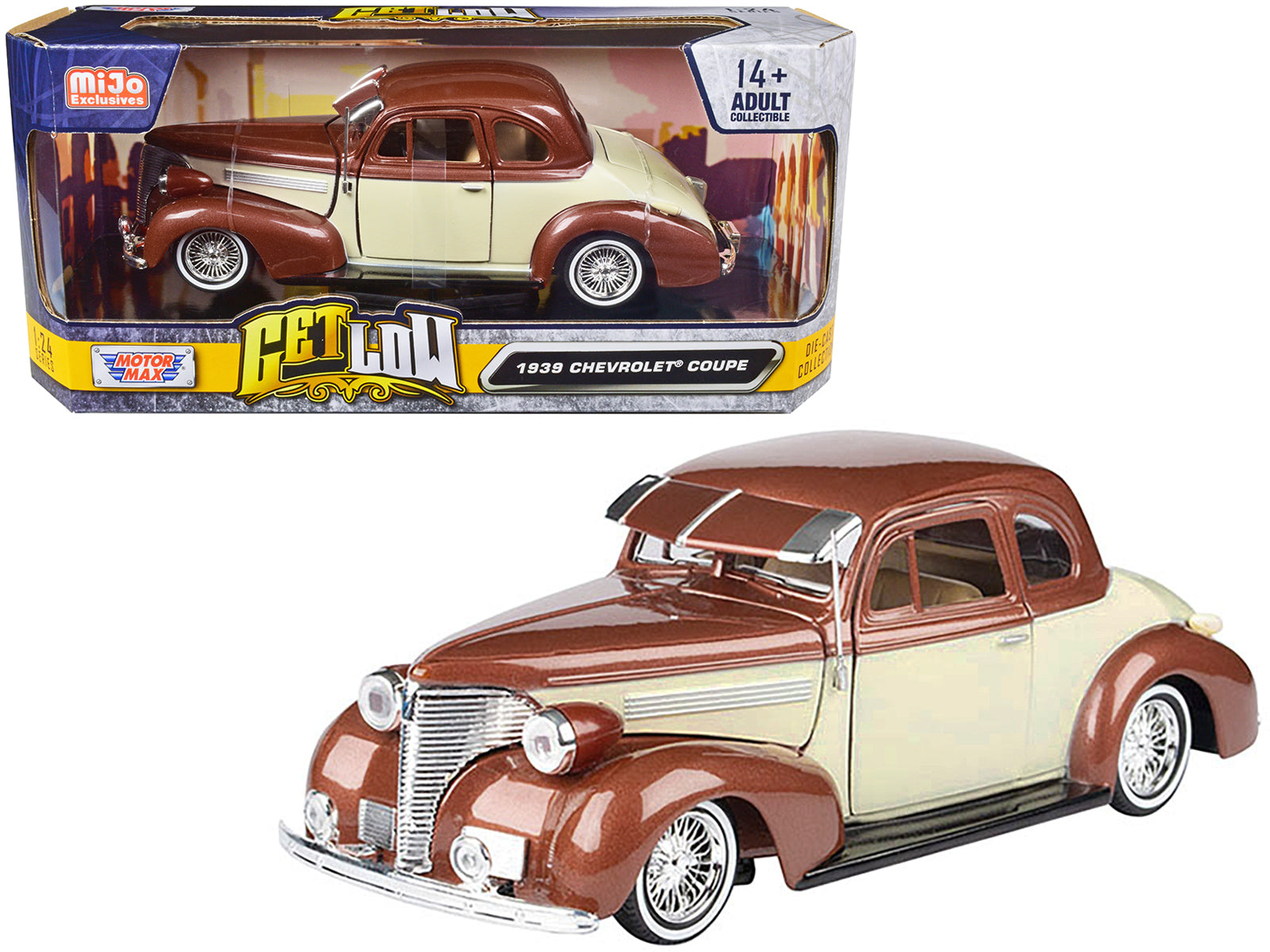 1939 Chevrolet Coupe Lowrider Beige and Brown Metallic "Get Low" Series 1/24 Diecast Model Car by Motormax free shipping USA