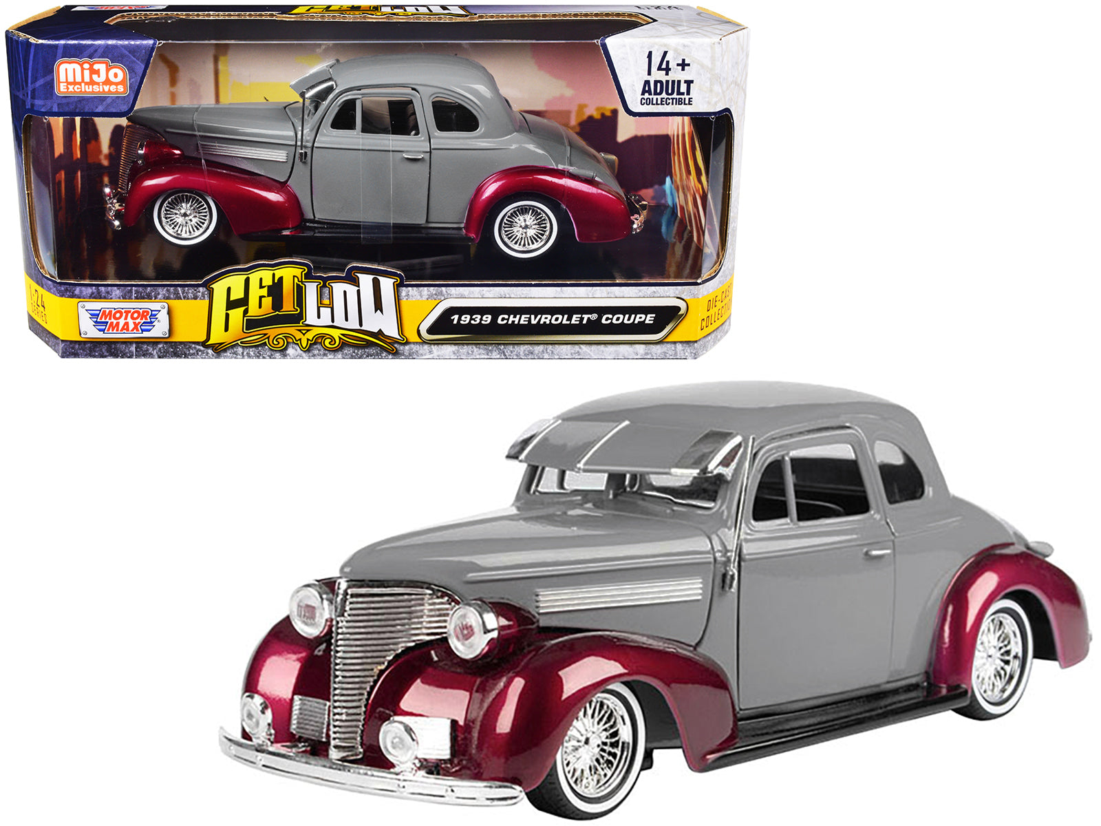 1939 Chevrolet Coupe Lowrider Gray and Red Metallic "Get Low" Series 1/24 Diecast Model Car by Motormax free shipping USA