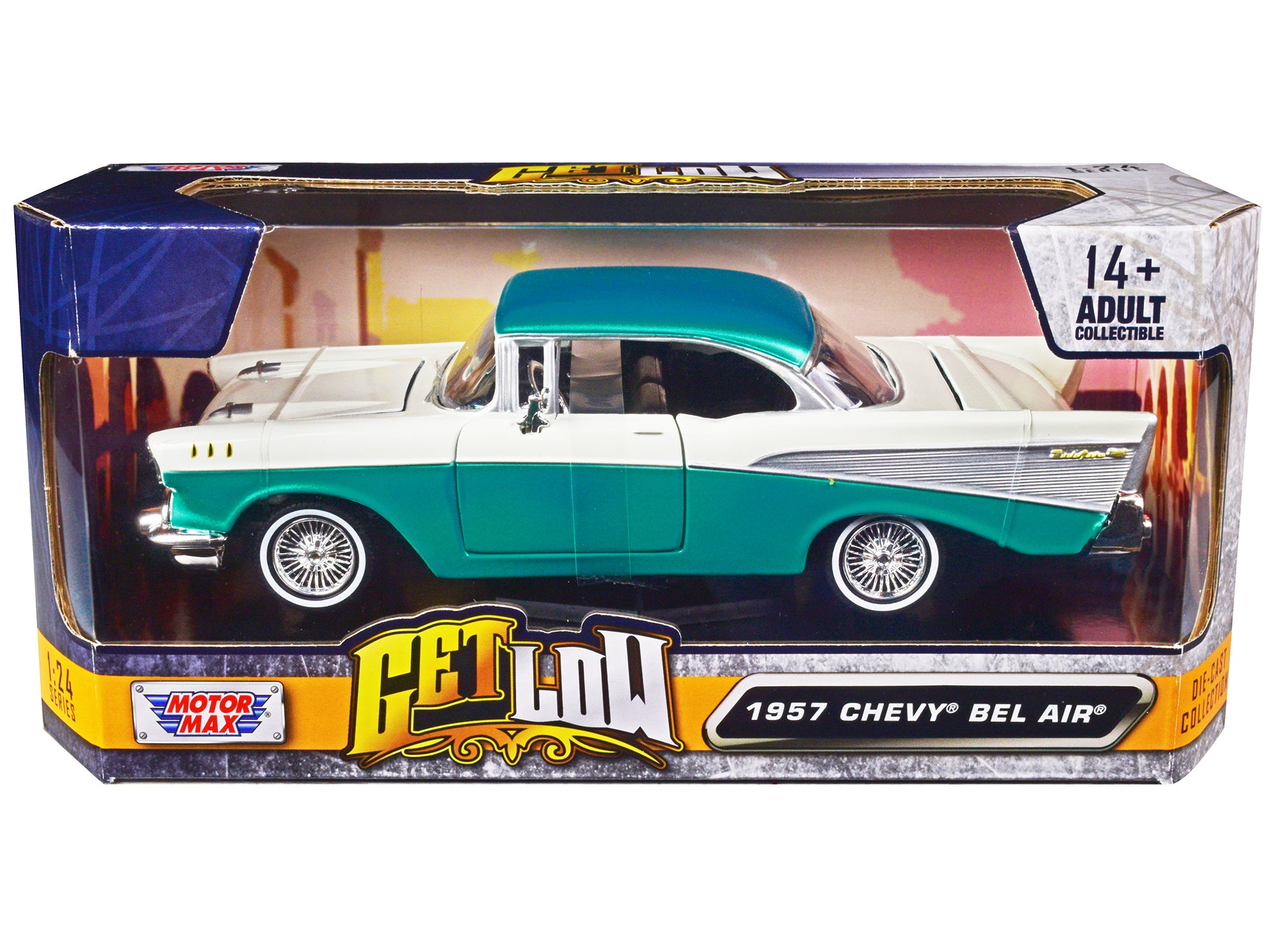 1957 Chevrolet Bel Air Lowrider Turquoise Metallic and White "Get Low" Series 1/24 Diecast Model Car by Motormax free shipping USA
