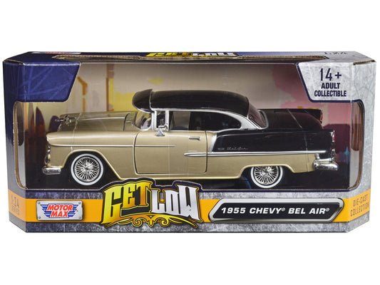 1955 Chevrolet Bel Air Lowrider Hard Top Beige Metallic and Black "Get Low" Series 1/24 Diecast Car Model by Motormax free shipping USA