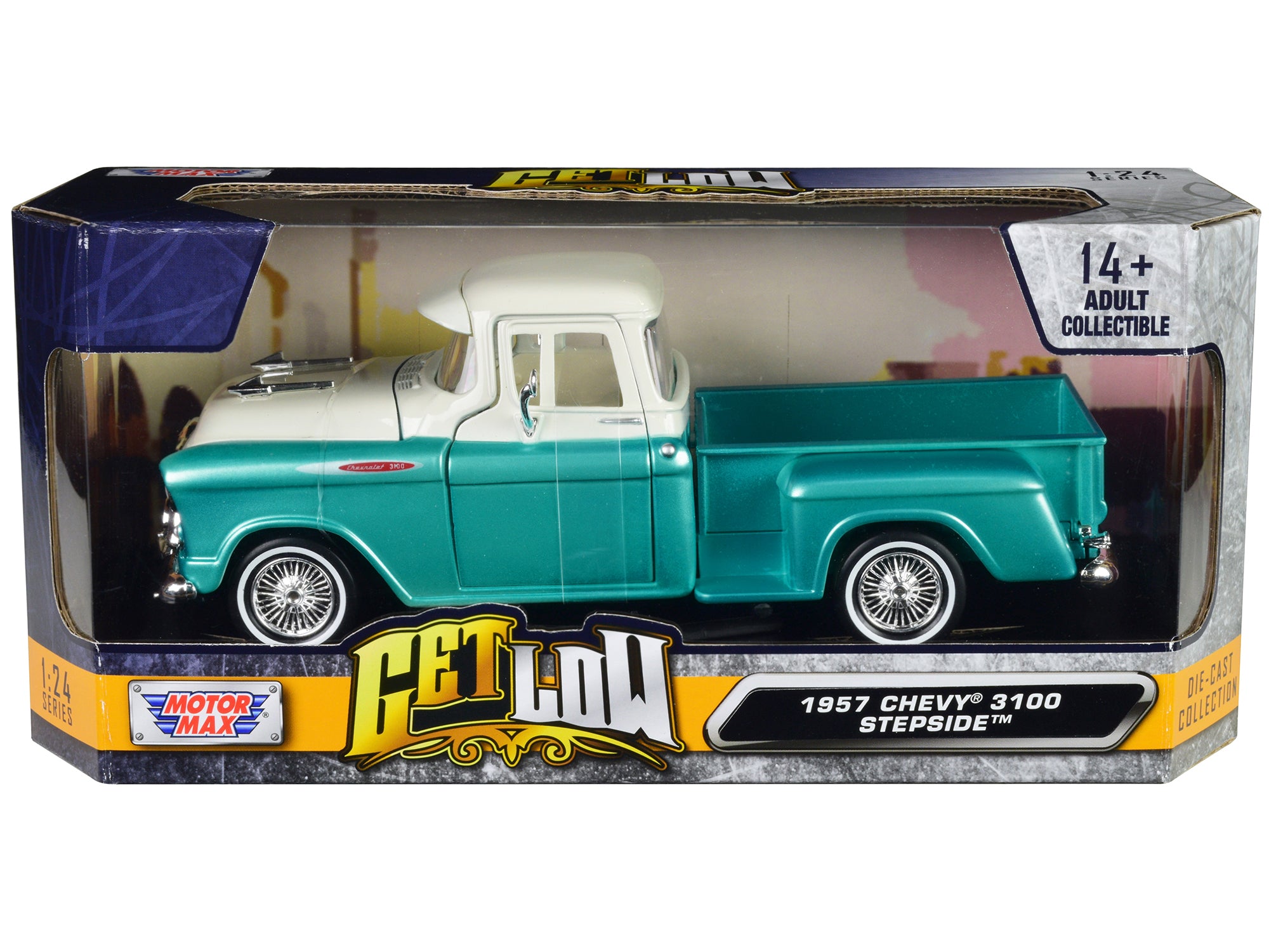1957 Chevrolet 3100 Stepside Pickup Truck Lowrider Turquoise Metallic and White with White Interior "Get Low" Series 1/24 Diecast Model Car by Motormax free shipping USA