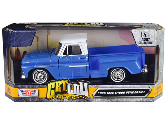 1966 GMC C1000 Fenderside Pickup Truck Lowrider Blue with White Top "Get Low" Series 1/24 Diecast Model Car by Motormax free shipping USA