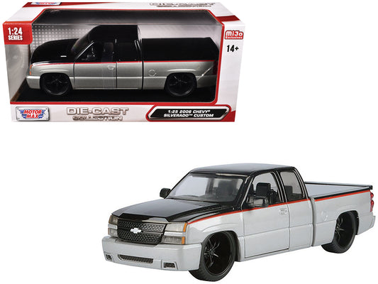2006 Chevrolet Silverado Custom Pickup Truck Silver Metallic and Black with Red Stripes "Die-Cast Collection" Series 1/25 Diecast Model Car by Motormax free shipping USA