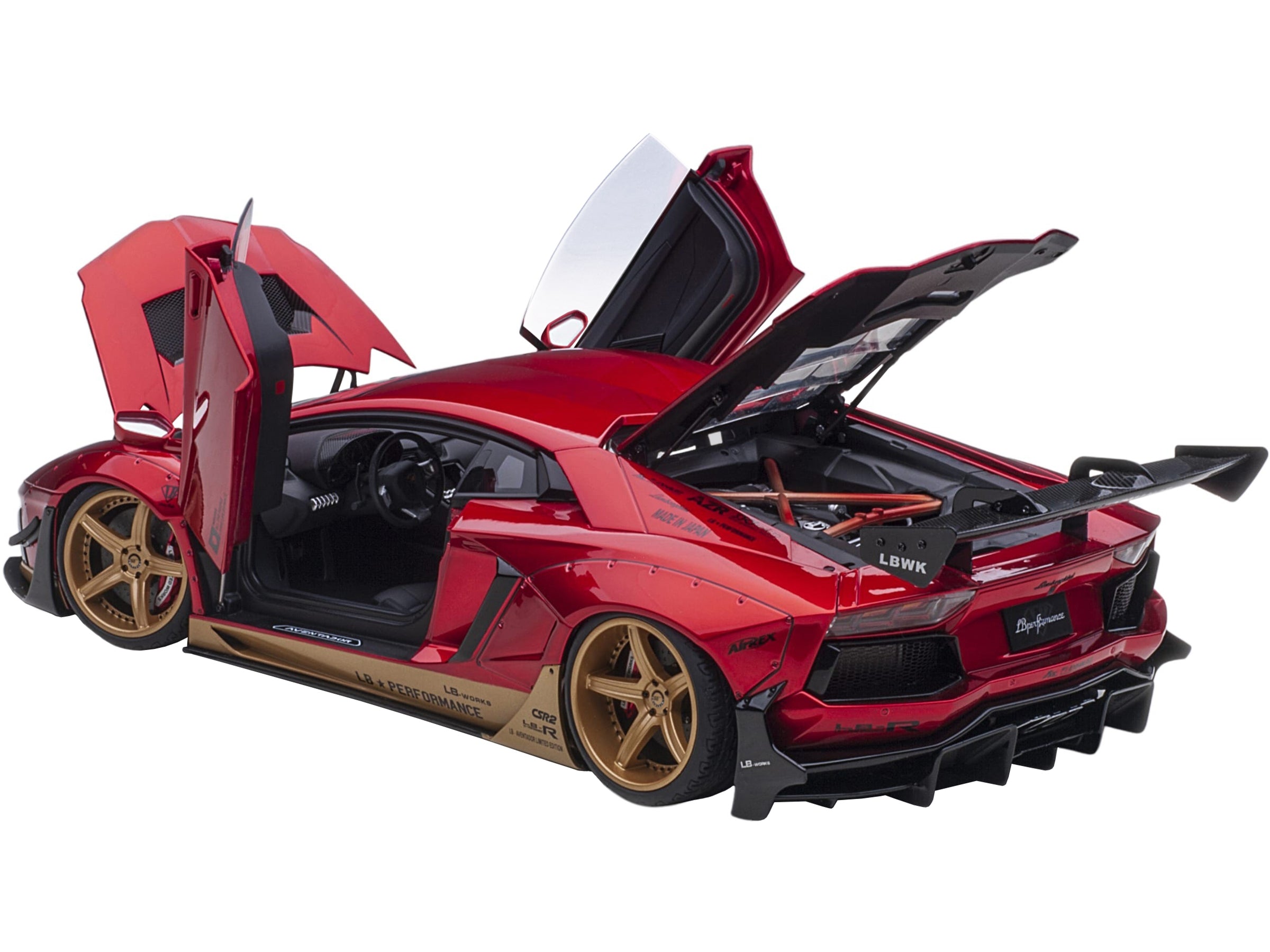 Lamborghini Aventador Liberty Walk LB-Works Hyper Red Metallic with Gold Accents Limited Edition 1/18 Model Car by Autoart