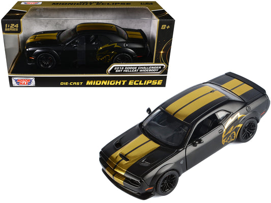 2018 Dodge Challenger SRT Hellcat Widebody Matt Black with Gold Stripes and Graphics "Midnight Eclipse" Series 1/24 Diecast Model Car by Motormax - Use code SHOPAPP15 to get 15 percent off
