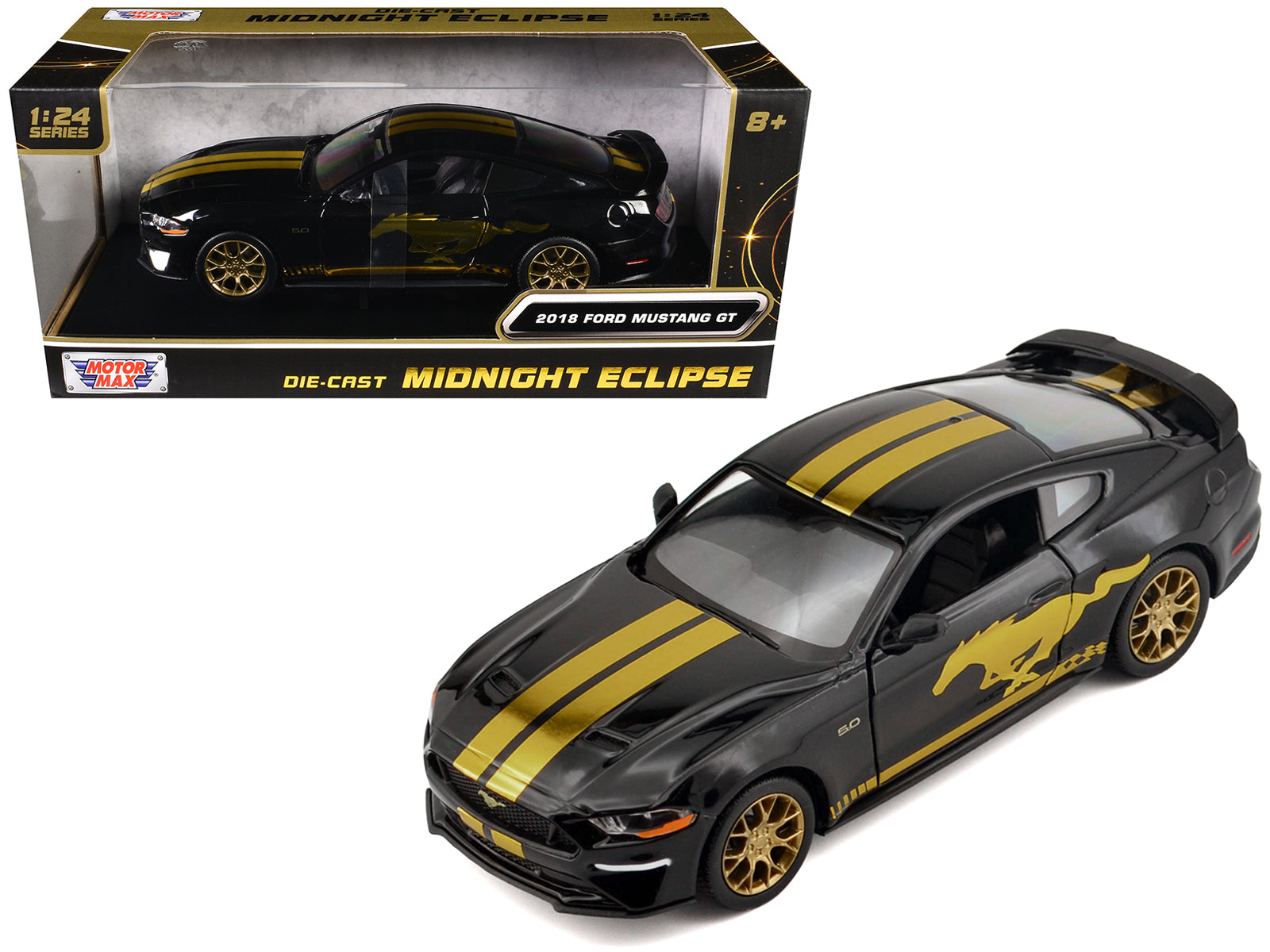 2018 Ford Mustang GT 5.0 Black with Gold Stripes and Graphics "Midnight Eclipse" Series 1/24 Diecast Model Car by Motormax free shipping USA