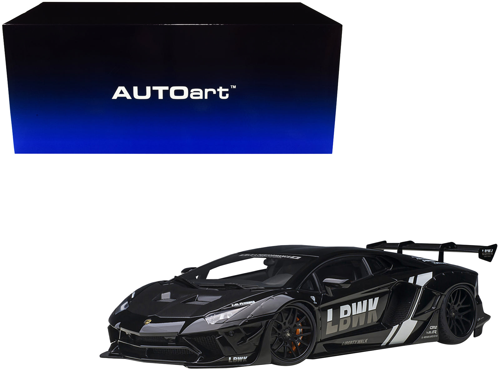 Lamborghini Aventador Liberty Walk LB-Works Livery Black with Carbon Hood Limited Edition 1/18 Model Car by Autoart free shipping USA