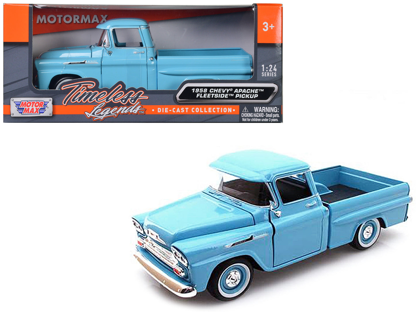 1958 Chevrolet Apache Fleetside Pickup Truck Light Blue 1/24 Diecast Model Car by Motormax  free shipping USA