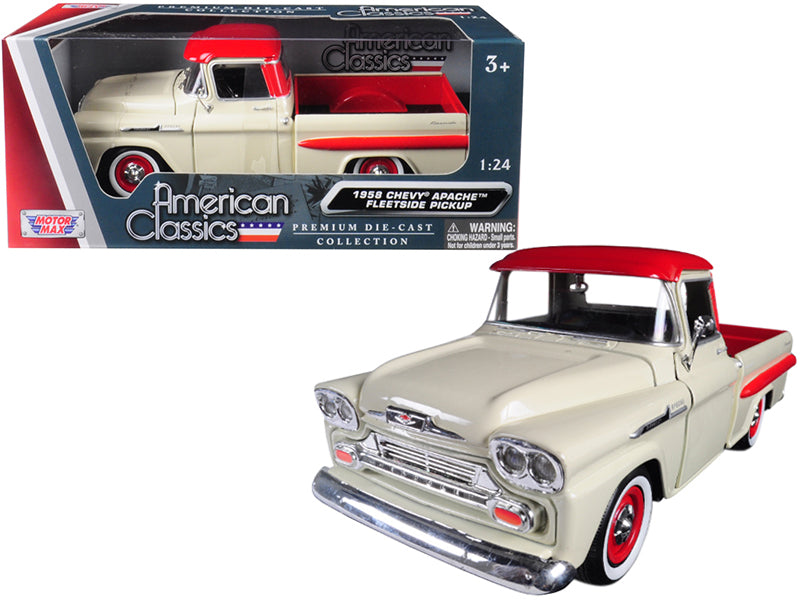 1958 Chevrolet Apache Fleetside Pickup Truck Cream with Red Top 1/24 Diecast Model Car by Motormax free shipping USA